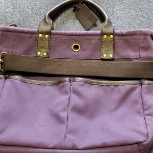 Levenger Purple and Brown Canvas Tote with Leather Handles